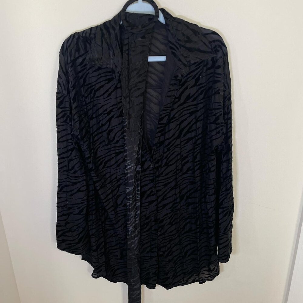 12th Tribe Black Velvet Burnout Leopard Print Button Down Shirt Dress with Belt